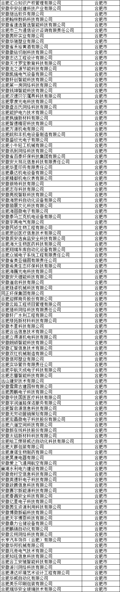 合肥市高新技術企業公示名單
